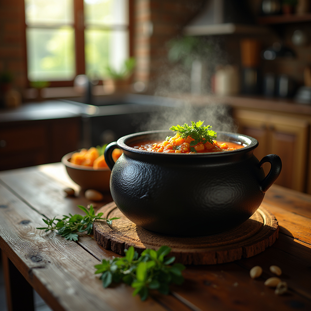 Rustic witch's cauldron pot on a wooden table, simmering soup, herbs, warm light, cozy kitchen, Panela caldeirão de bruxa rústica com sopa fumegante.