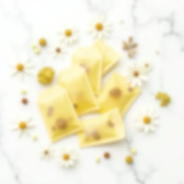 Saches de chá de camomila e flores secas.