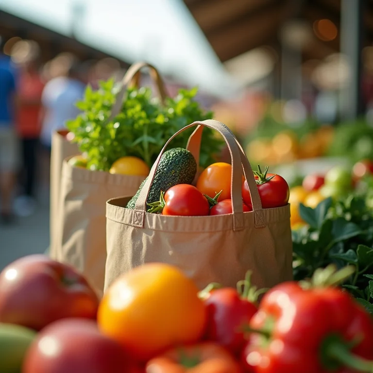 Sacolas reutilizáveis cheias de compras em feira orgânica