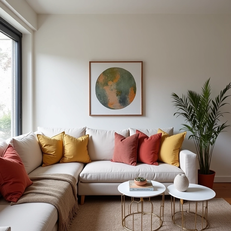 Sala com paleta neutra e toques vibrantes em apartamento alugado.