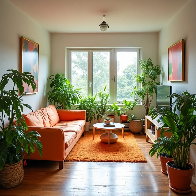 Sala de estar aconchegante em apartamento alugado com decoração brasileira.