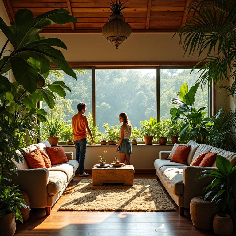 Sala de estar brasileira harmonizada com Feng Shui, cores vibrantes e plantas.
