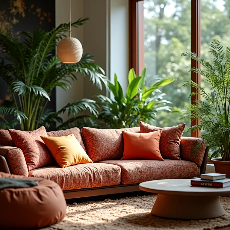 Sala de estar com Feng Shui e decoração brasileira, mulher arrumando almofadas.