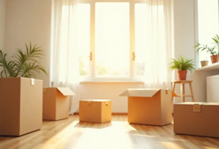 Sala de estar ensolarada com caixas de mudança