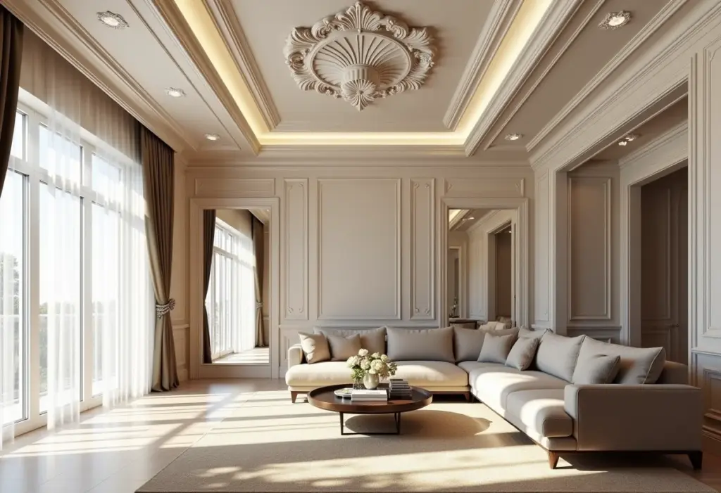 Sala de estar luxuosa com detalhes em gesso no teto