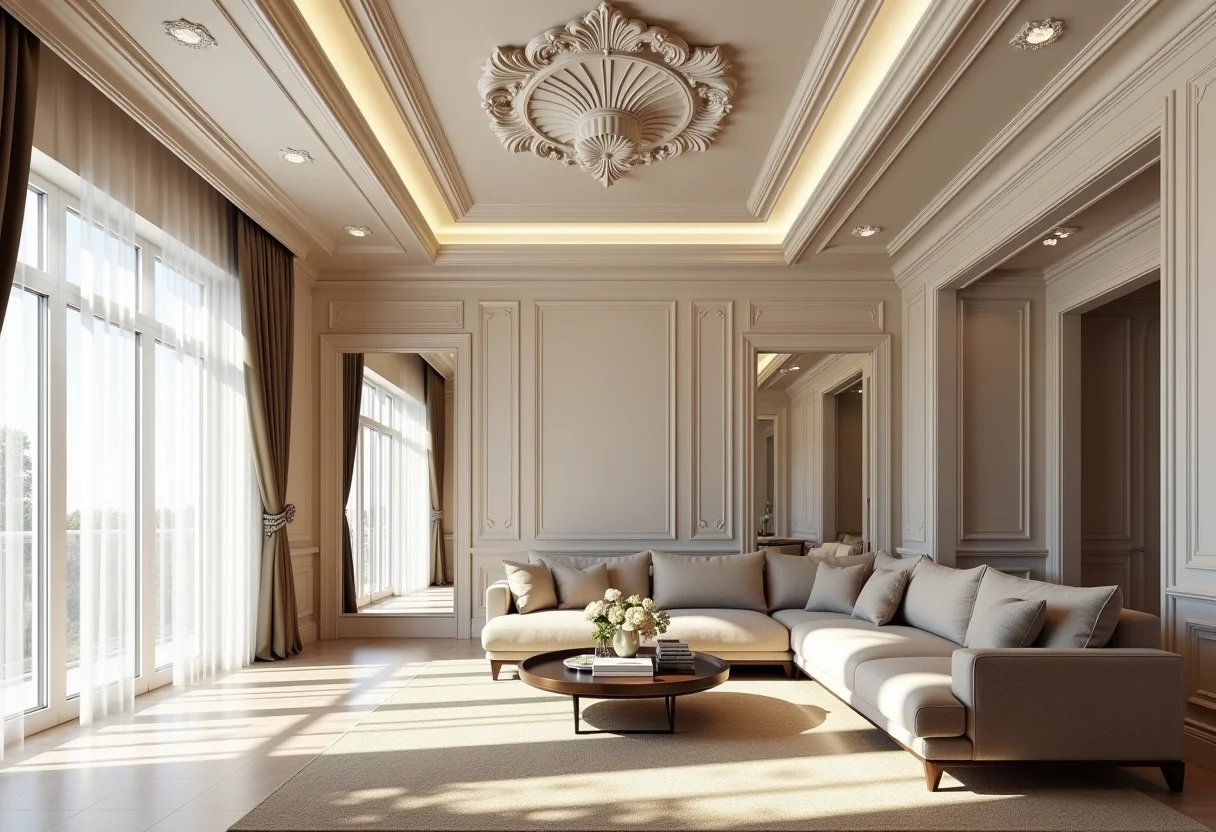 Sala de estar luxuosa com detalhes em gesso no teto