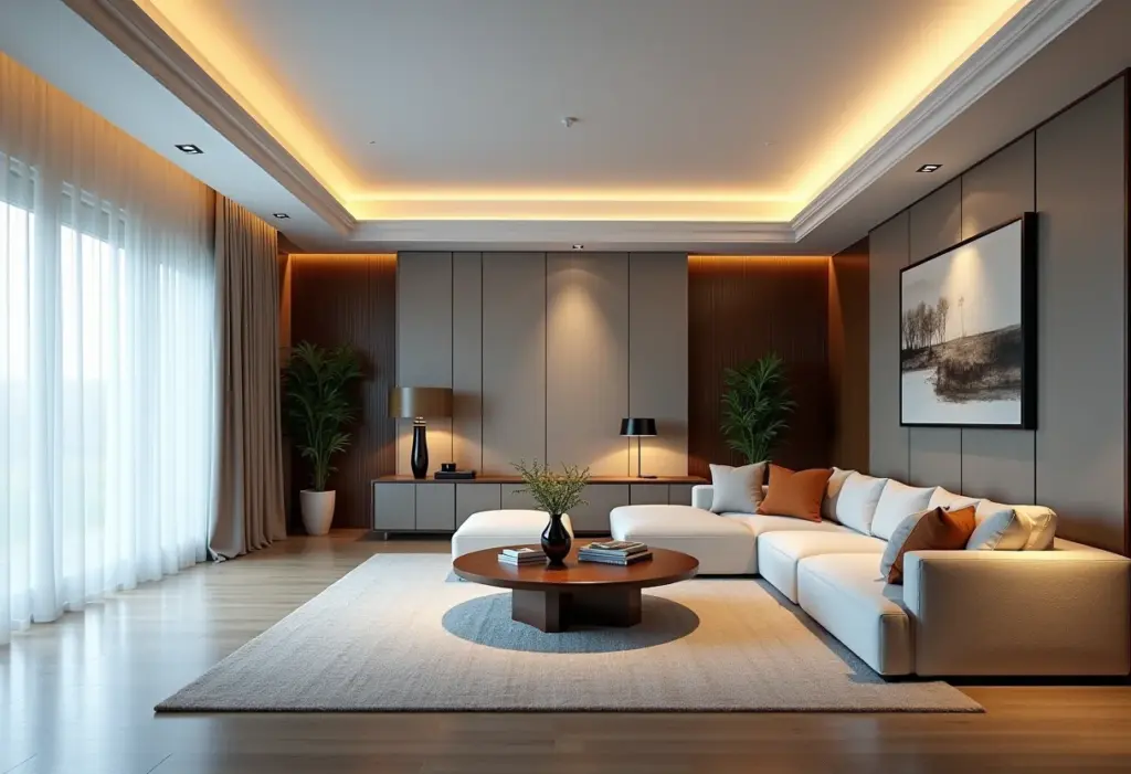 Sala de estar luxuosa com roda teto de gesso decorativa e iluminação suave