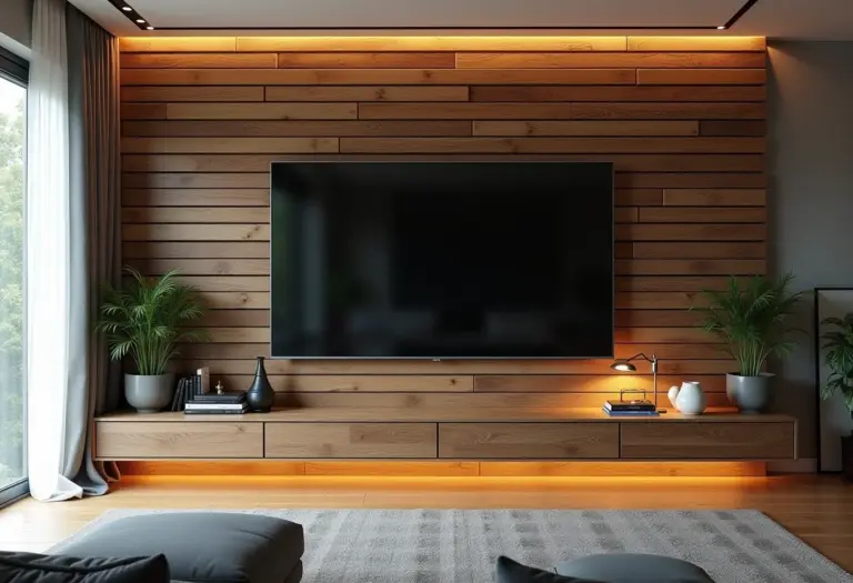 Sala de estar moderna com parede de pallets e TV