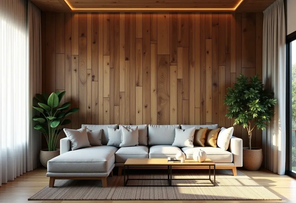 Sala de estar moderna com parede decorada com pallets de madeira reciclados.