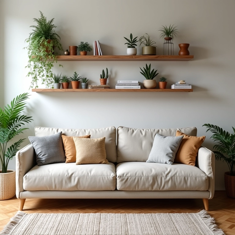 Sala de estar pequena com móveis multifuncionais em apartamento alugado.