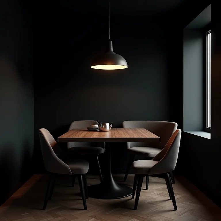 Sala de jantar pequena com cores escuras que diminuem o espaço