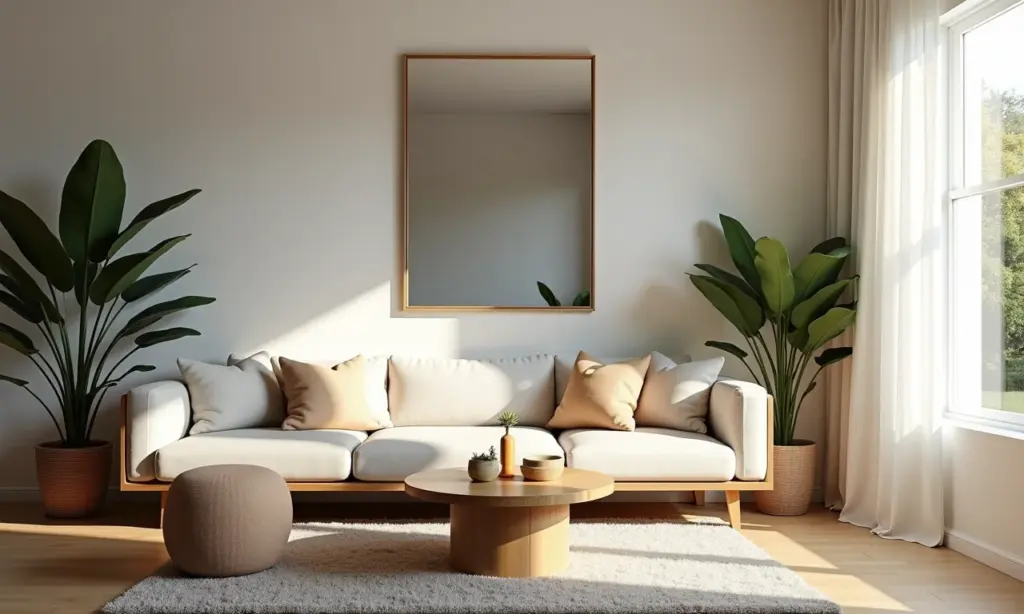 Sala pequena decorada com espelho grande ampliando o ambiente.