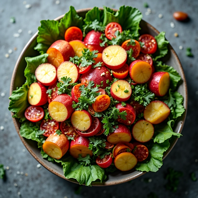 Salada colorida com batatas vermelhas, destacando sua riqueza em antioxidantes.