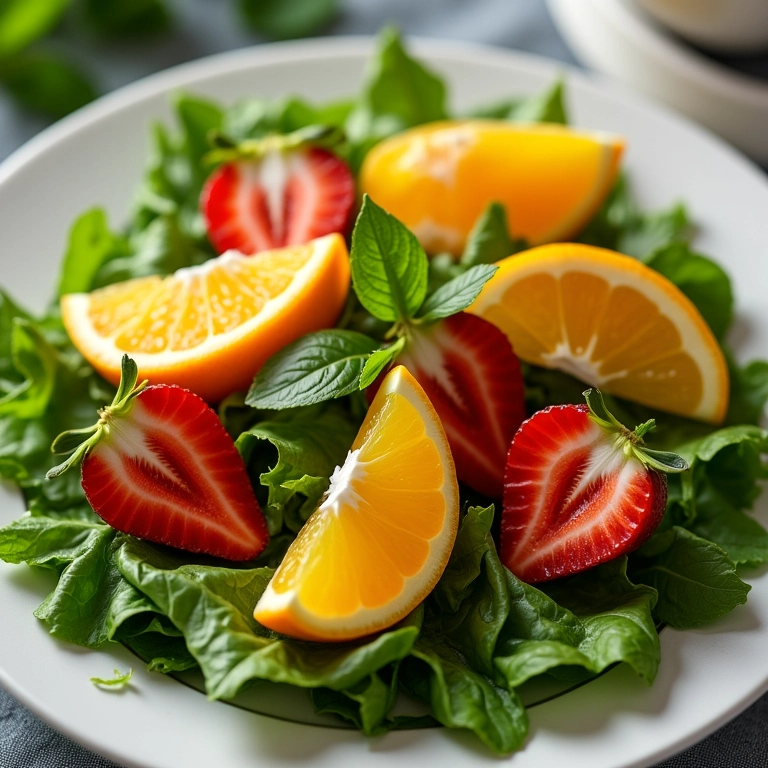 Salada de folhas verdes com laranja e morangos, ideal para acompanhar churrascos.