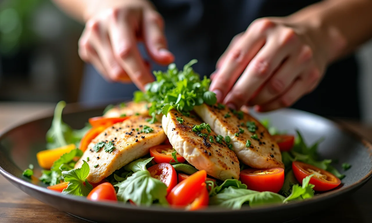 Salada de grão de bico com peito de frango, pimentões coloridos e ervas frescas, uma opção rica em proteína.
