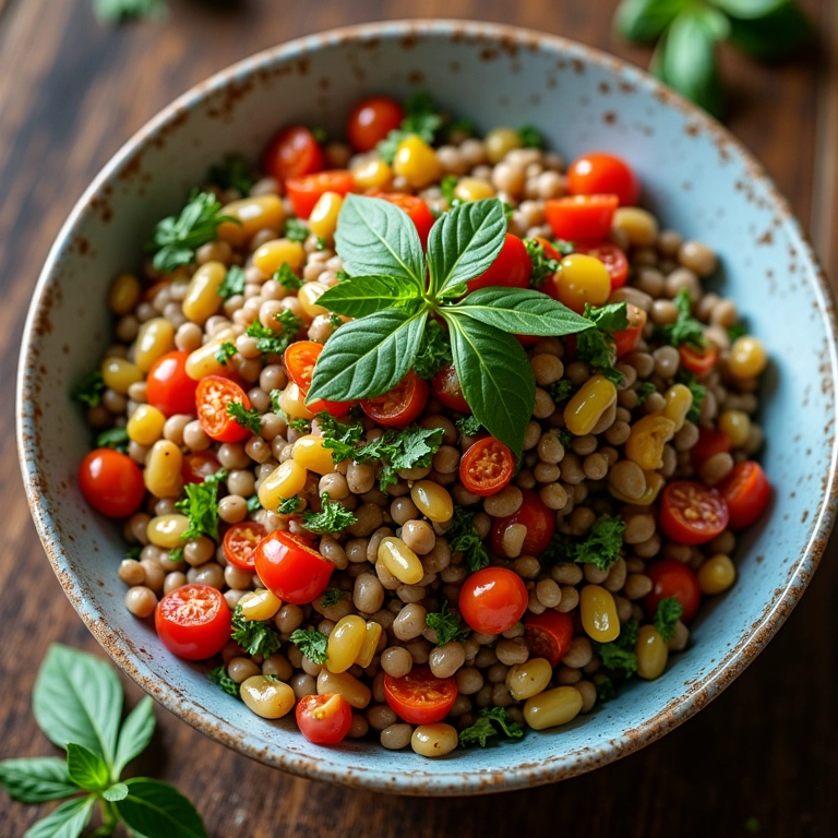 Salada de lentilha colorida com vegetais frescos e ervas, pronta para servir.