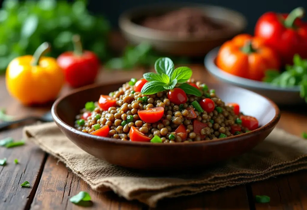 Salada de lentilha colorida em uma mesa de madeira