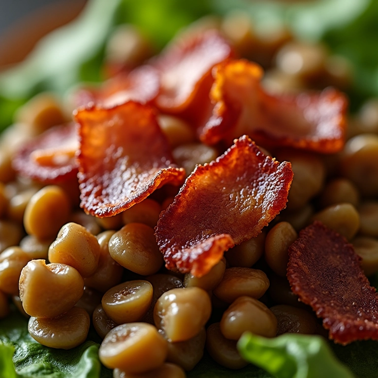 Salada de lentilha com bacon crocante, uma combinação irresistível.