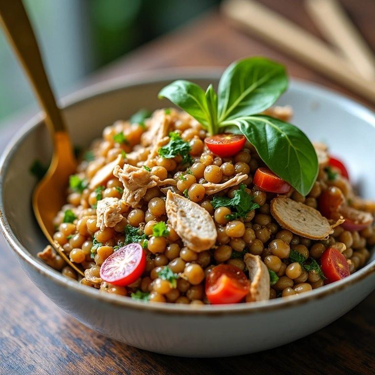 Salada de lentilha com frango desfiado, uma opção proteica e nutritiva.