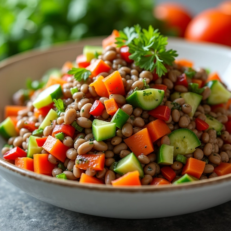 Salada de lentilha com pimentões, pepino e cenoura, temperada com limão.
