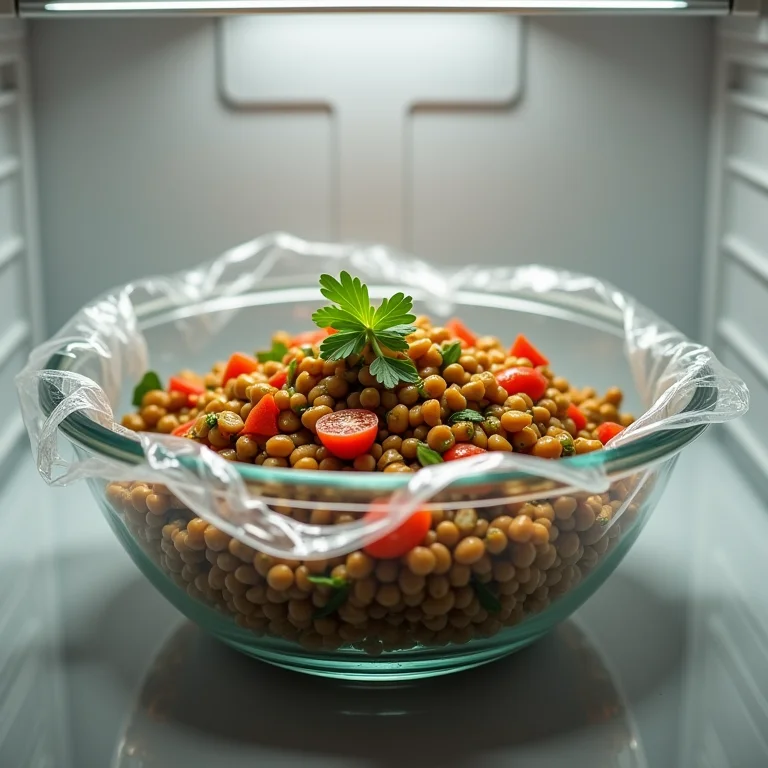 Salada de lentilha descansando na geladeira