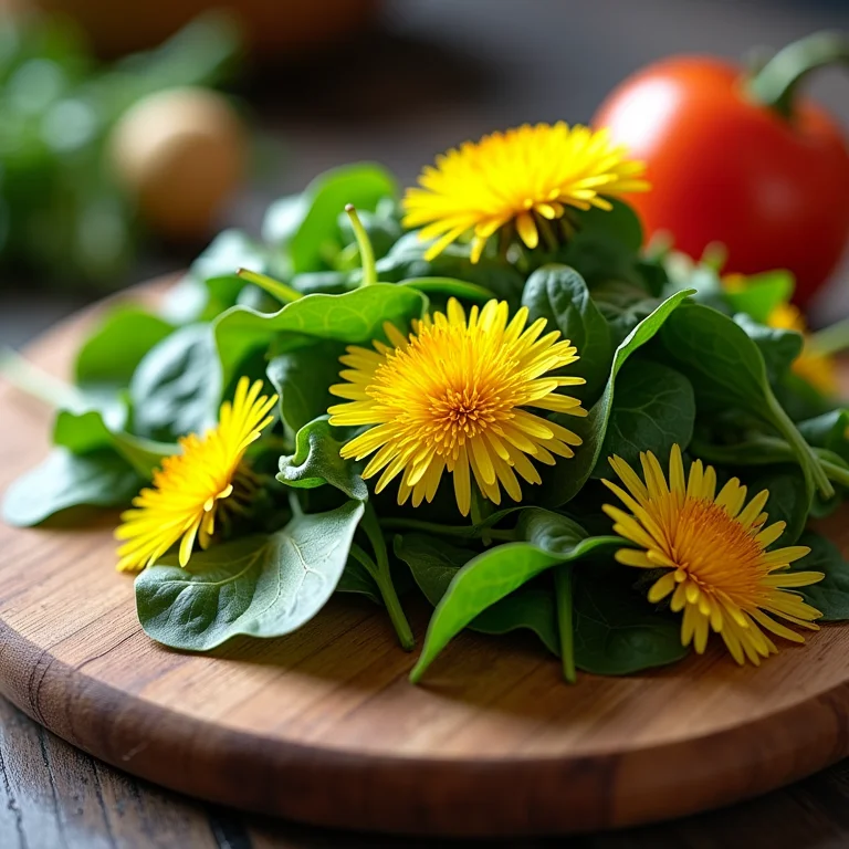 Salada e refogado de folhas de dente de leão em tábua de madeira