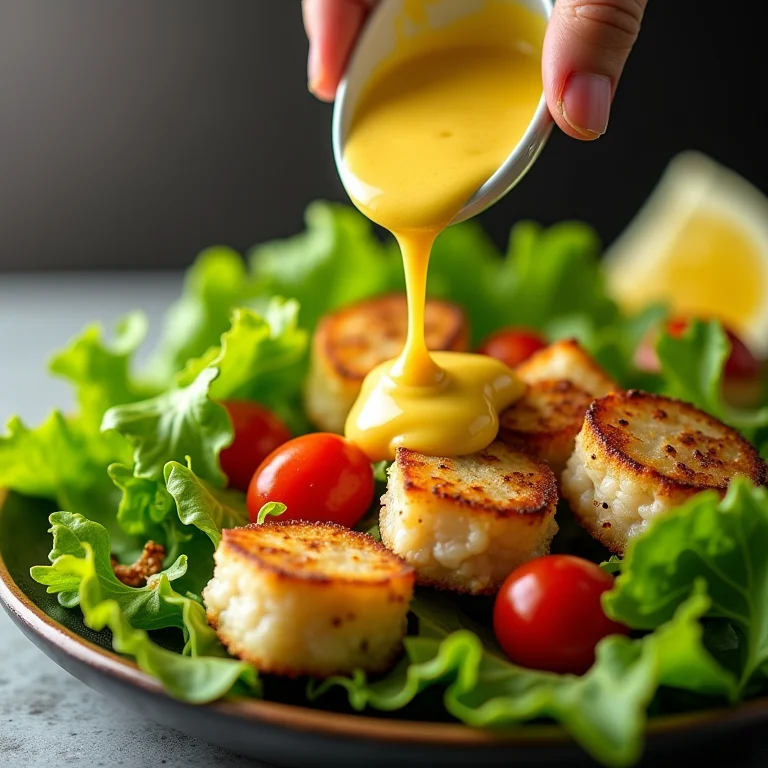 Salada verde vibrante sendo regada com molho tártaro cremoso.