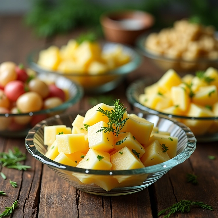 Saladas de batata em potes de vidro após refrigeração, diversos tipos de batata.