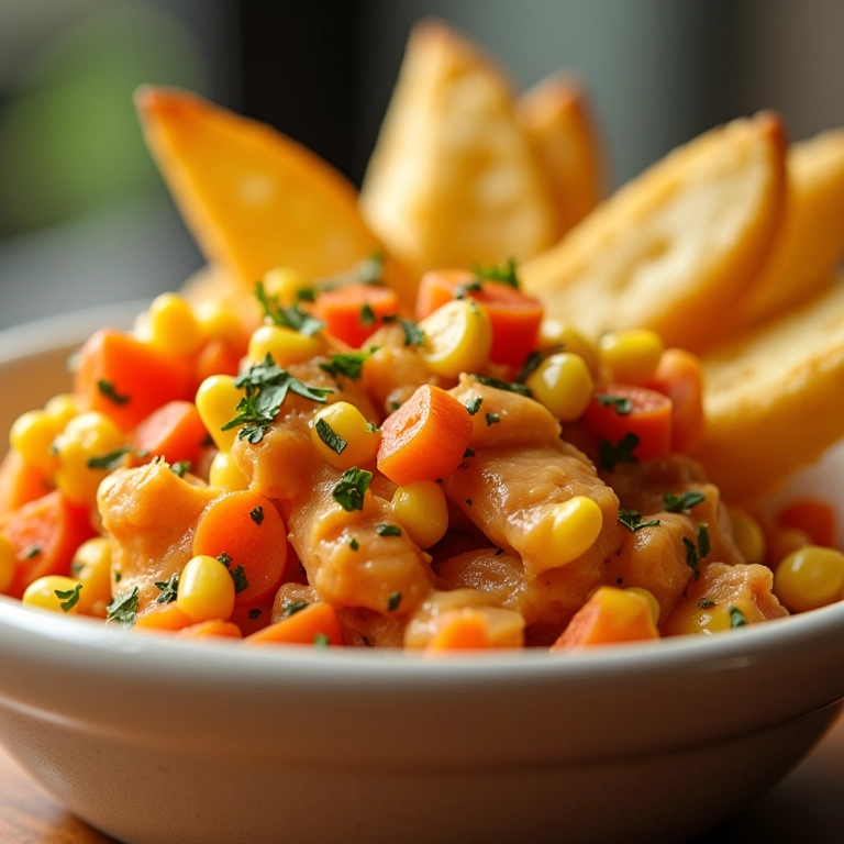 Salpicão de frango defumado, um clássico acompanhamento para churrascos no Brasil.