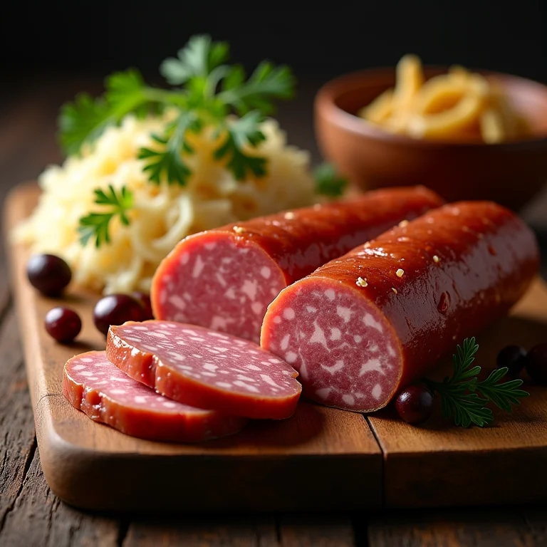 Salsichas alemãs com chucrute e zimbro em tábua de madeira