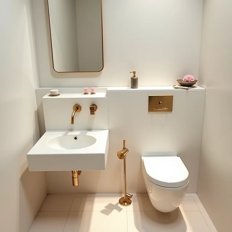 Sanitário e pia desproporcionais em um banheiro pequeno