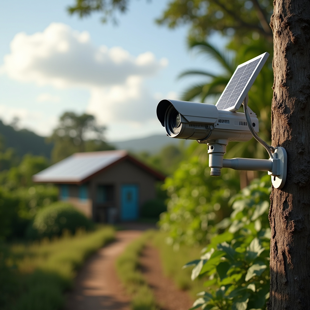 Security cameras powered by solar panels protecting a rural garden, professional photography, 8K Câmeras de segurança alimentadas por painel solar protegendo horta.