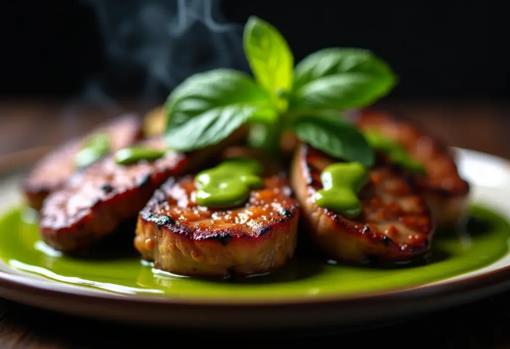 Seleção de carnes grelhadas com molho de menta.