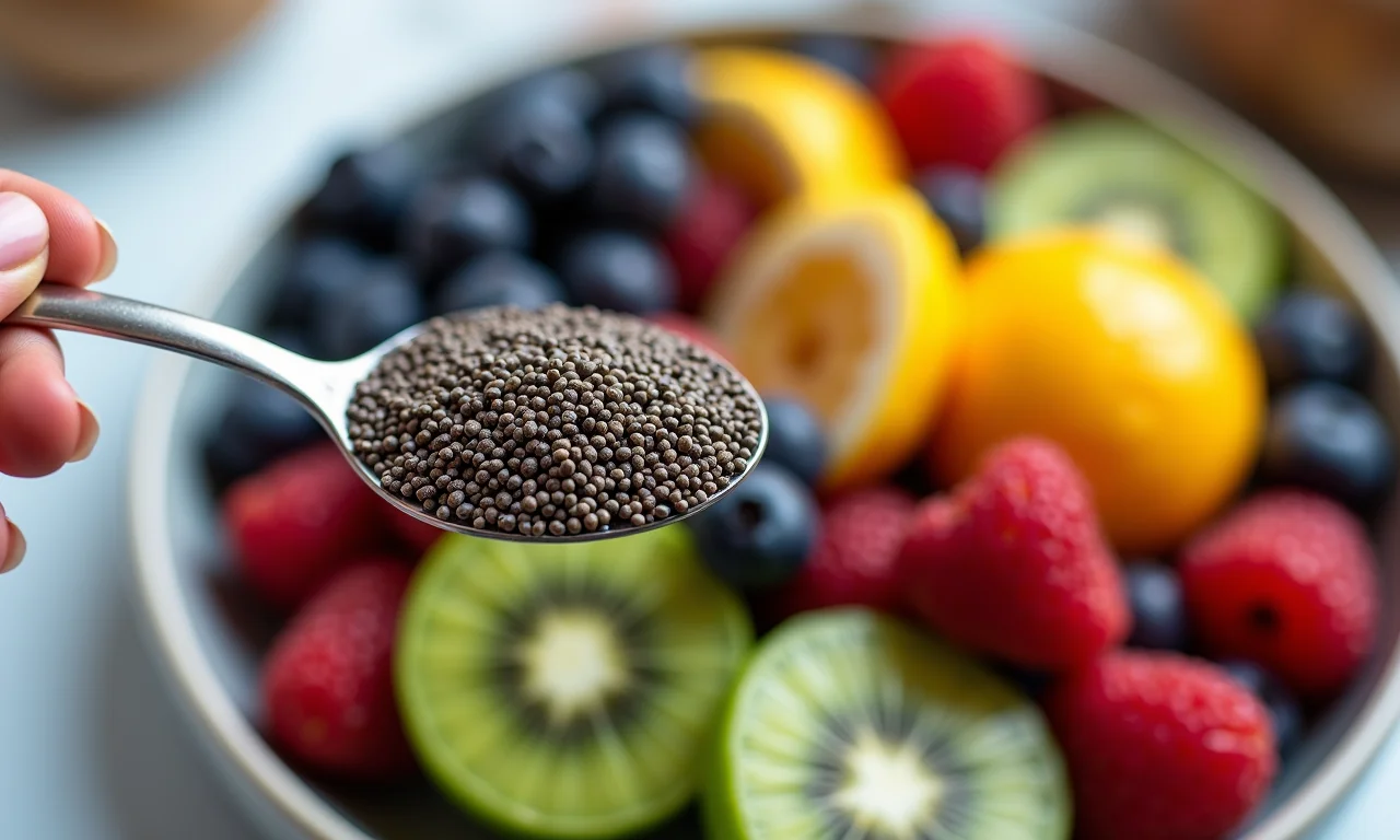 Semente de chia com frutas coloridas, antioxidantes.