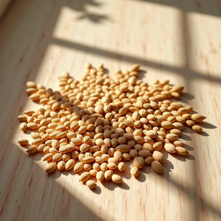 Sementes de alcaravia dispostas artisticamente sobre madeira clara