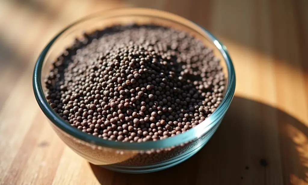 Sementes de chia em um recipiente, representando o lado bom e o lado ruim na dieta.