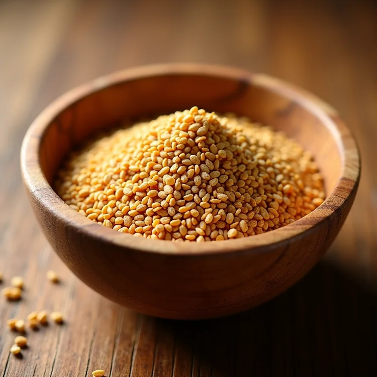 Sementes de feno grego secas em uma tigela de madeira rústica.