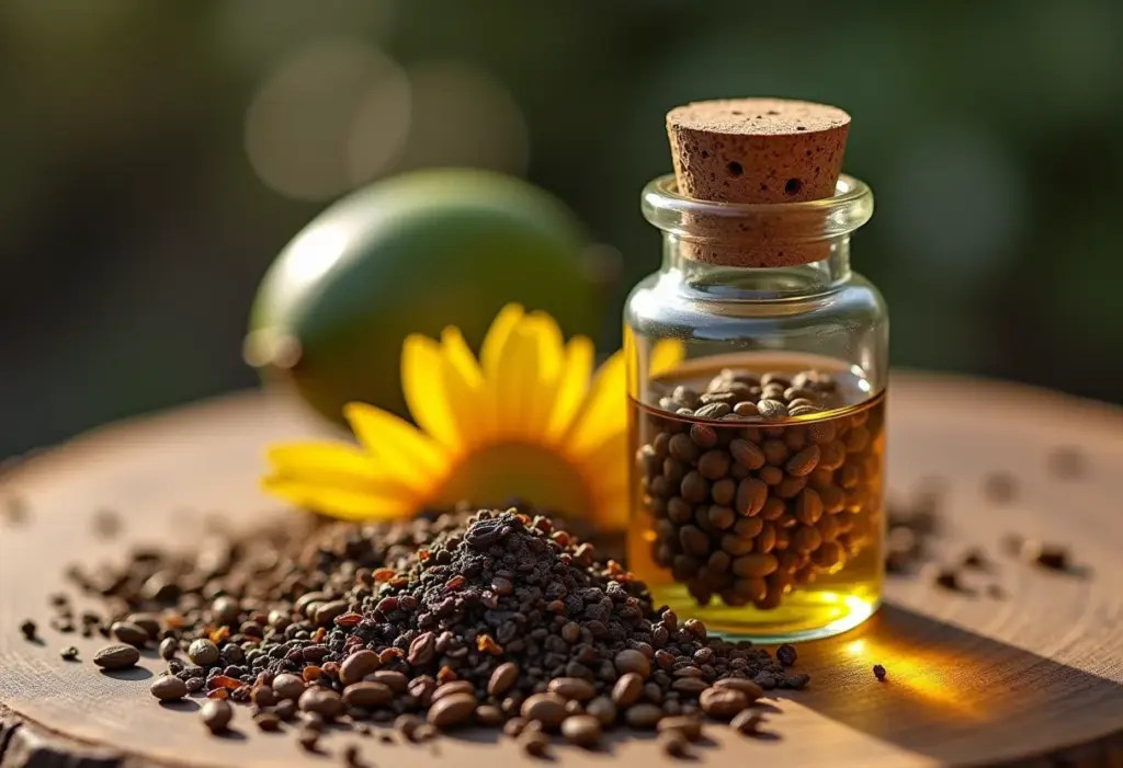 Sementes de sucupira, óleo e chá em composição minimalista