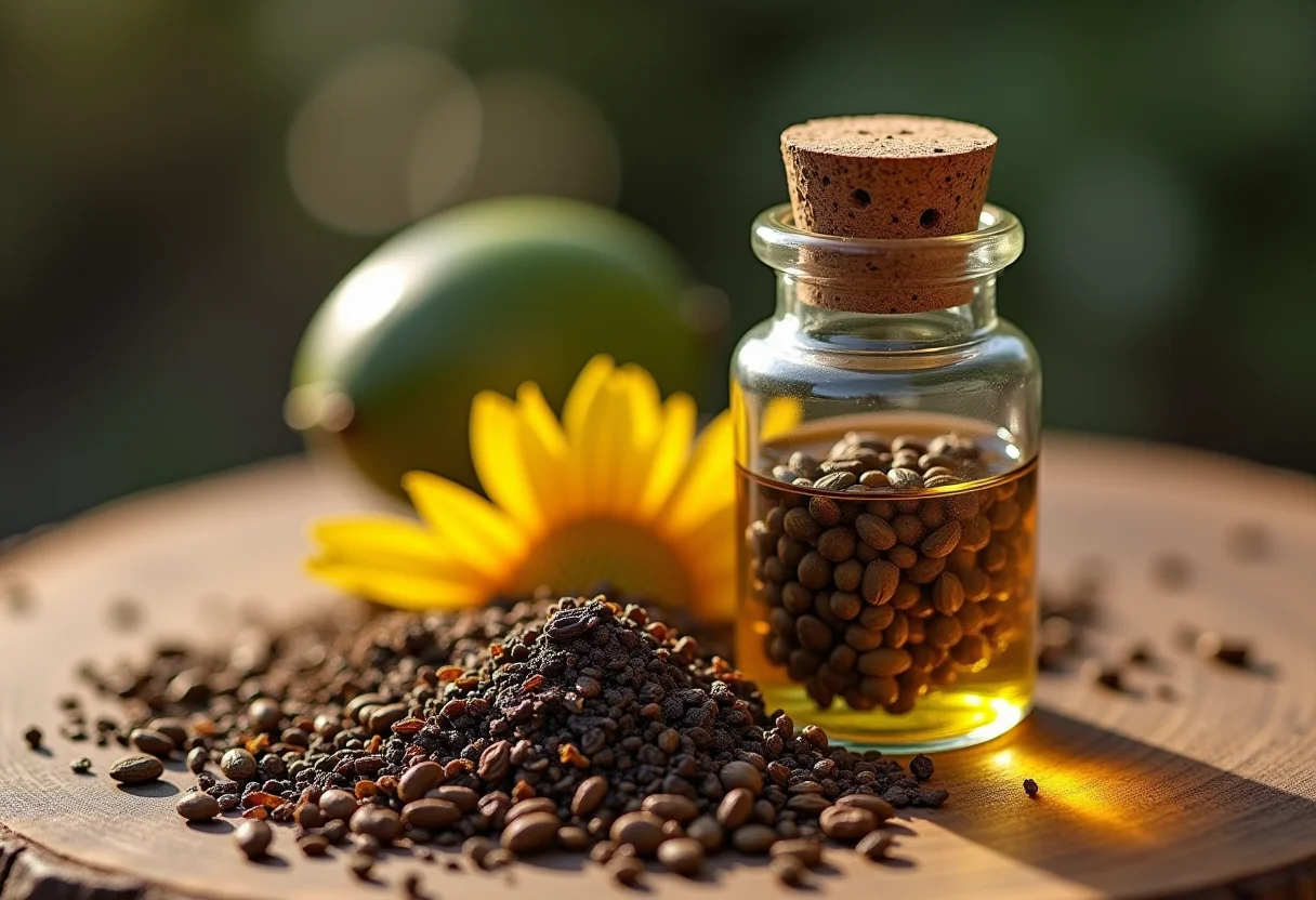 Sementes de sucupira, óleo e chá em composição minimalista