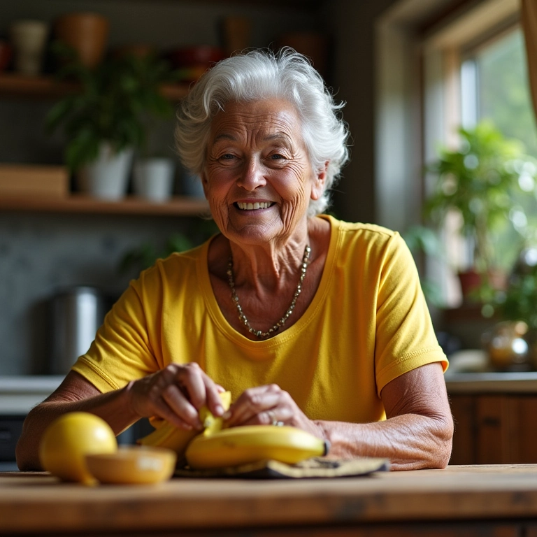 Senhora sorrindo enquanto descasca banana nanica.