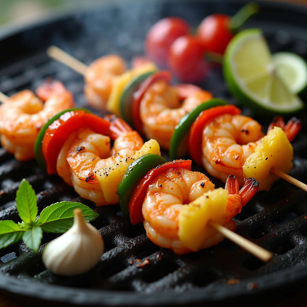 Shrimp skewers on a grill, pineapple, bell peppers, garlic, lime, vibrant colors, natural lighting, Espetinho de camarão com abacaxi e pimentão.