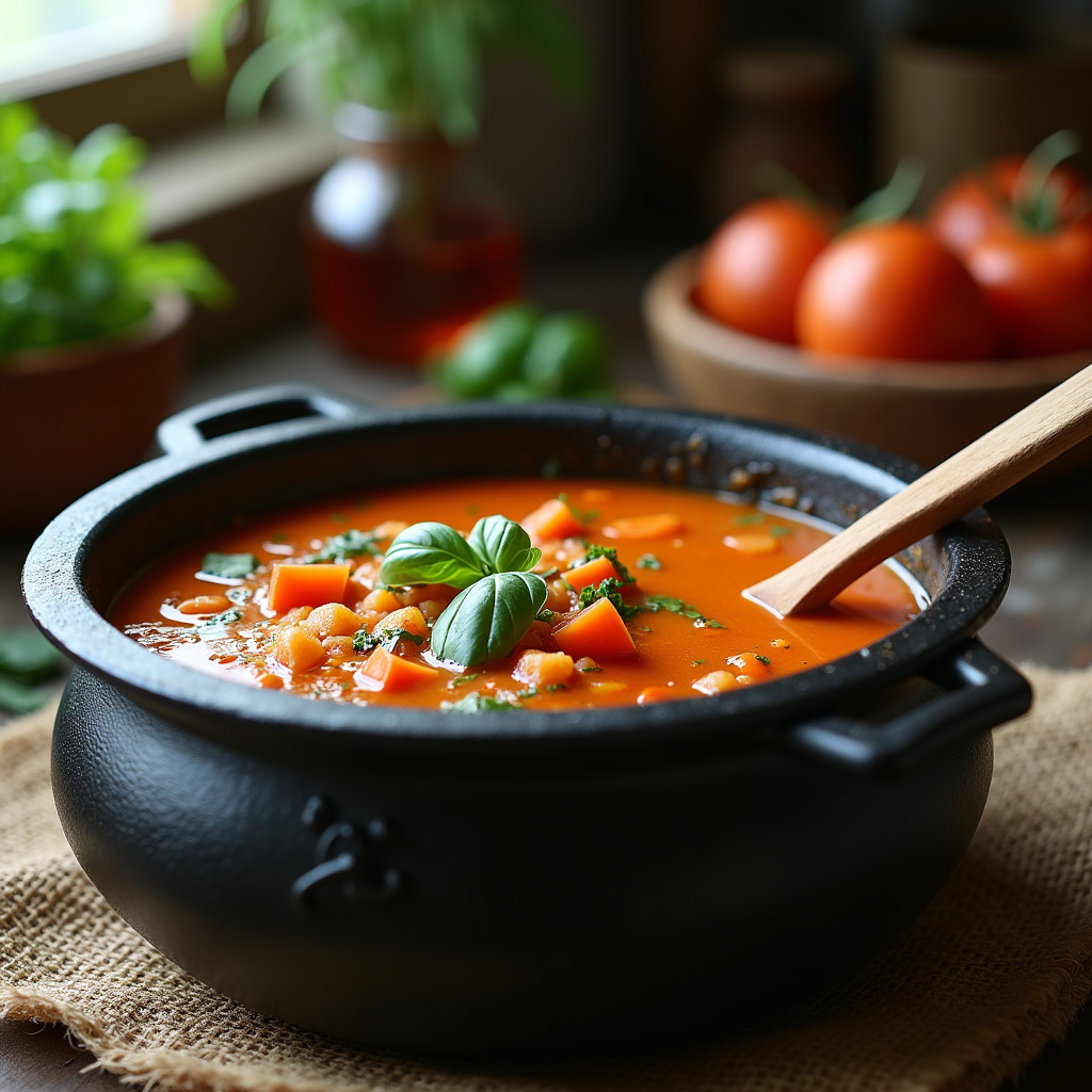 Simple soup recipe in witch cauldron pot, rustic ingredients, wooden spoon, cozy kitchen, Brazilian Sopa simples cozinhando em panela caldeirão.
