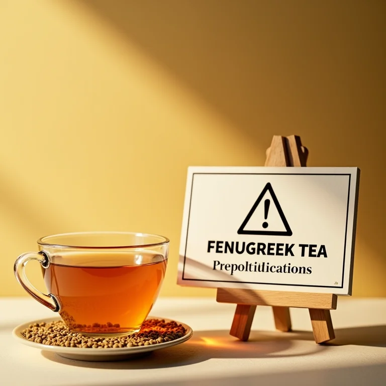 Sinal de alerta perto de uma xícara de chá de feno grego, indicando possíveis contraindicações.