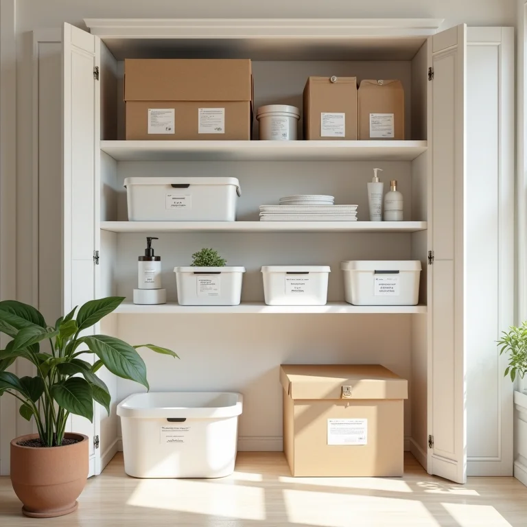 Sistema de organização com caixas e recipientes etiquetados.