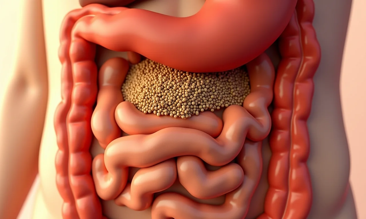 Sistema digestivo com partículas de linhaça, dificuldade de absorção.