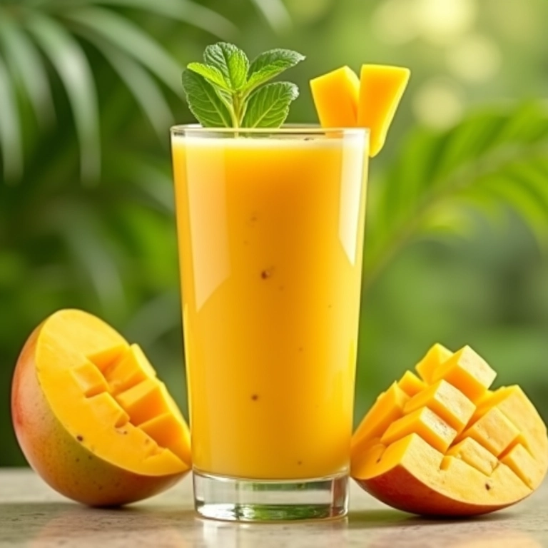 Smoothie cremoso de manga em um copo com fatias de manga fresca e hortelã.