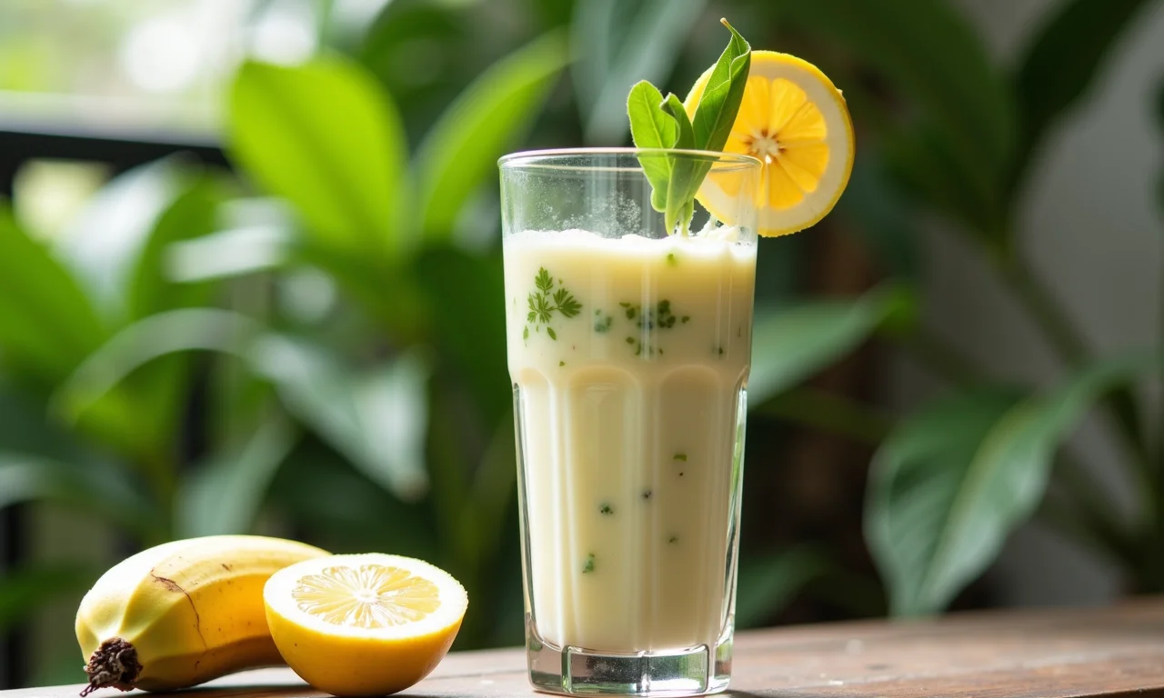 Smoothie energizante de folha de pitanga com banana e leite de coco.