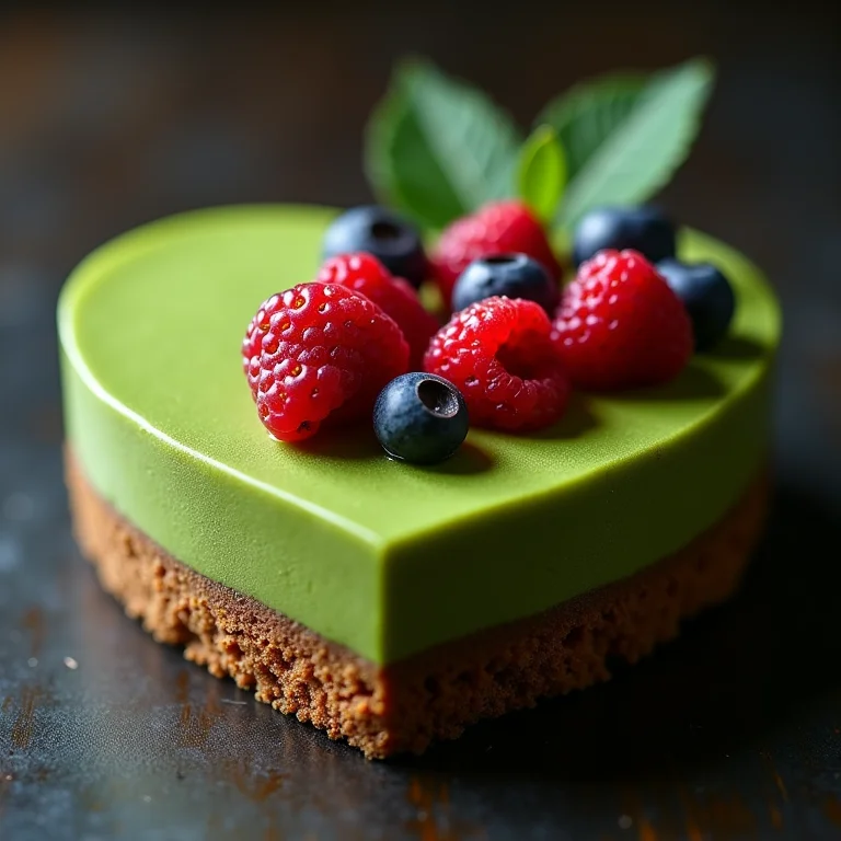 Sobremesa de matcha em forma de coração.