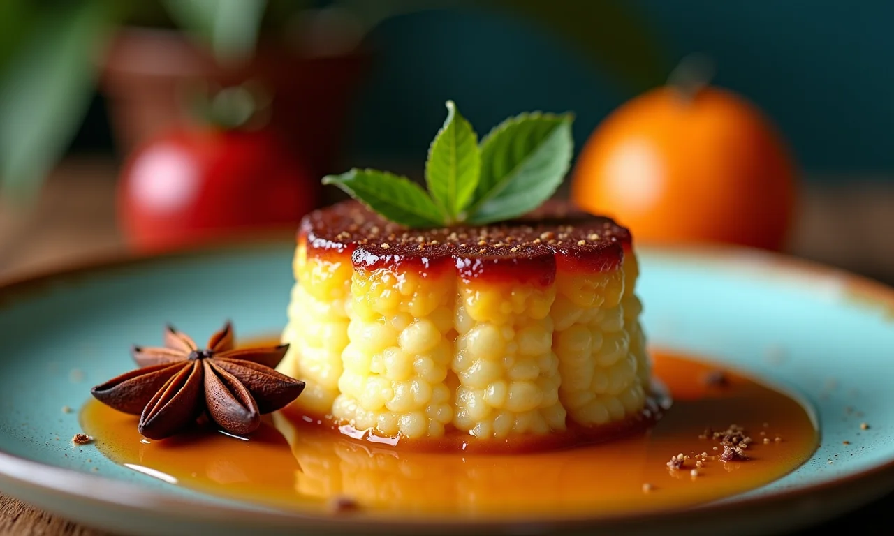 Sobremesa decorada com anis estrelado, apresentada por uma mulher sorridente.