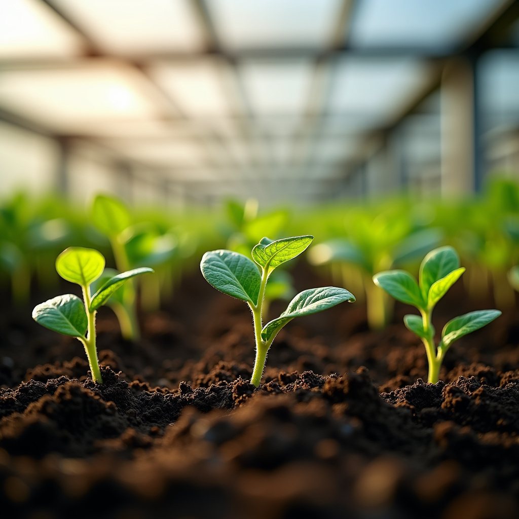 Solar heating system in a greenhouse, seedlings thriving, professional photography, 8K quality, Sistema de aquecimento solar para estufa e viveiro.